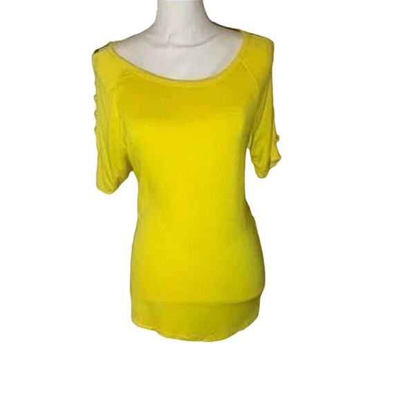 Gorgeous Yellow August Silk Slit-Arm Short Sleeve T-Shirt Size Large - Picture 1 of 10